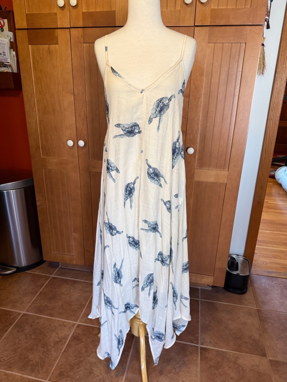 Cream Maxi Dress with blue Sea Turtle Print. OS